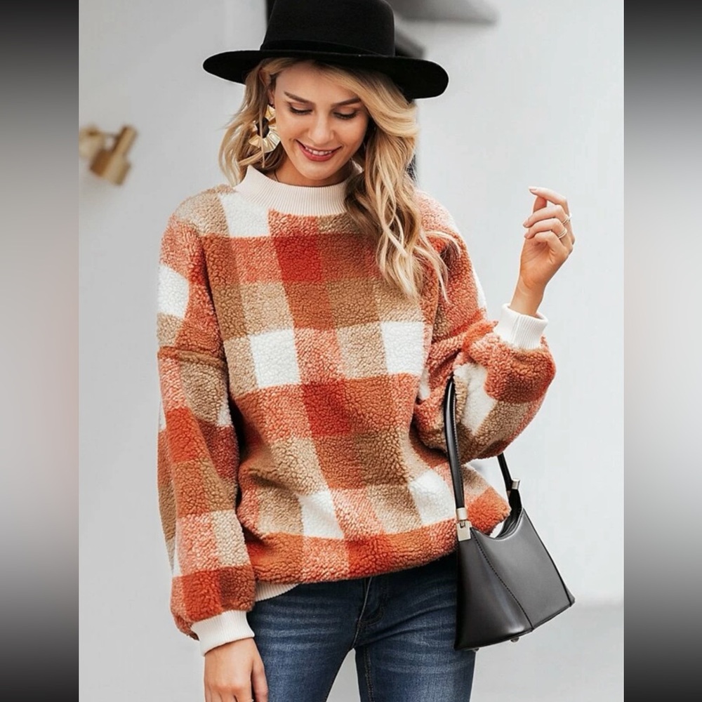 Gingham Drop Shoulder Teddy Sweater